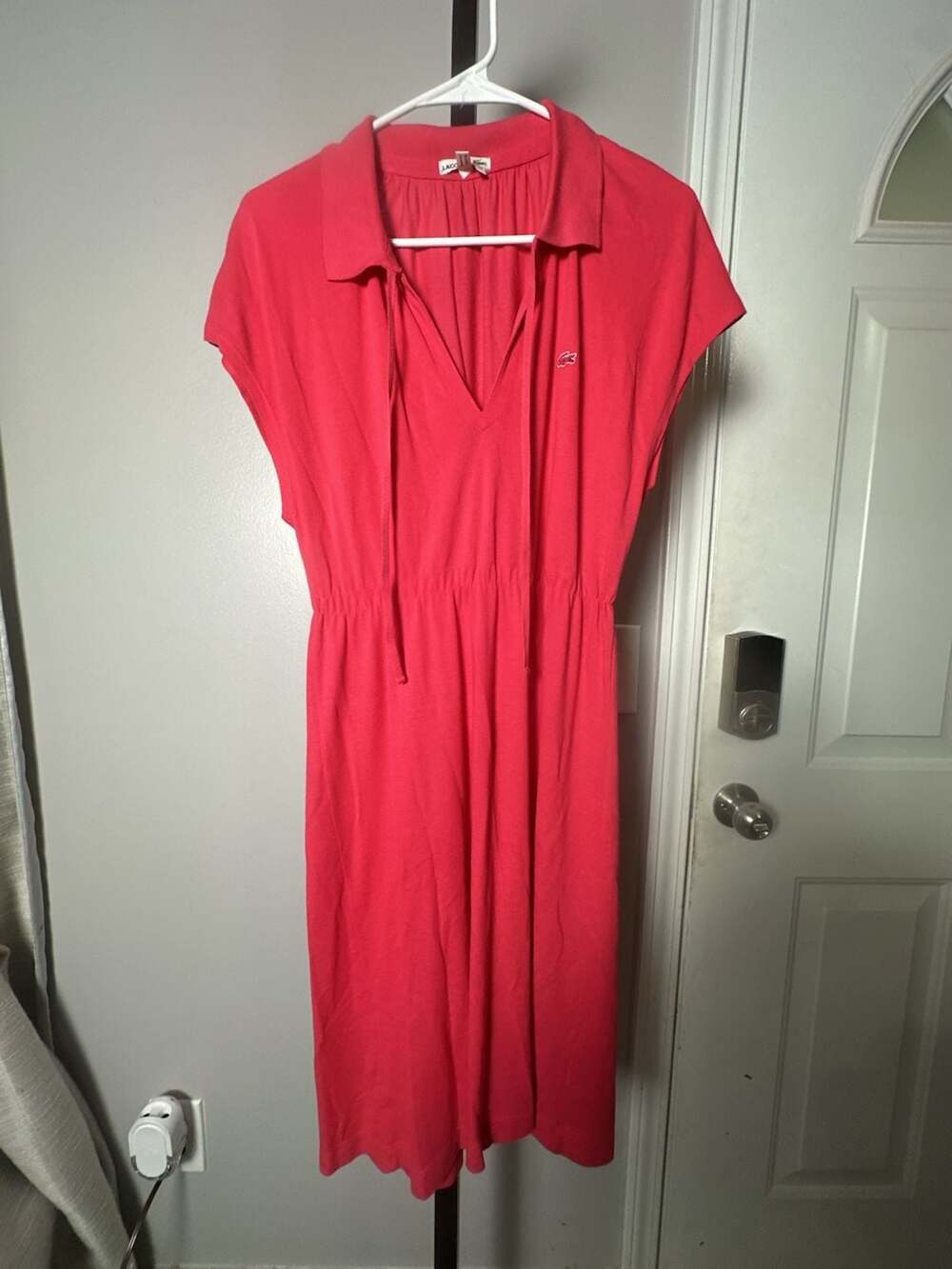 Lacoste Women's Pink Polo Midi Dress with V-Neck and Elastic Waist#946